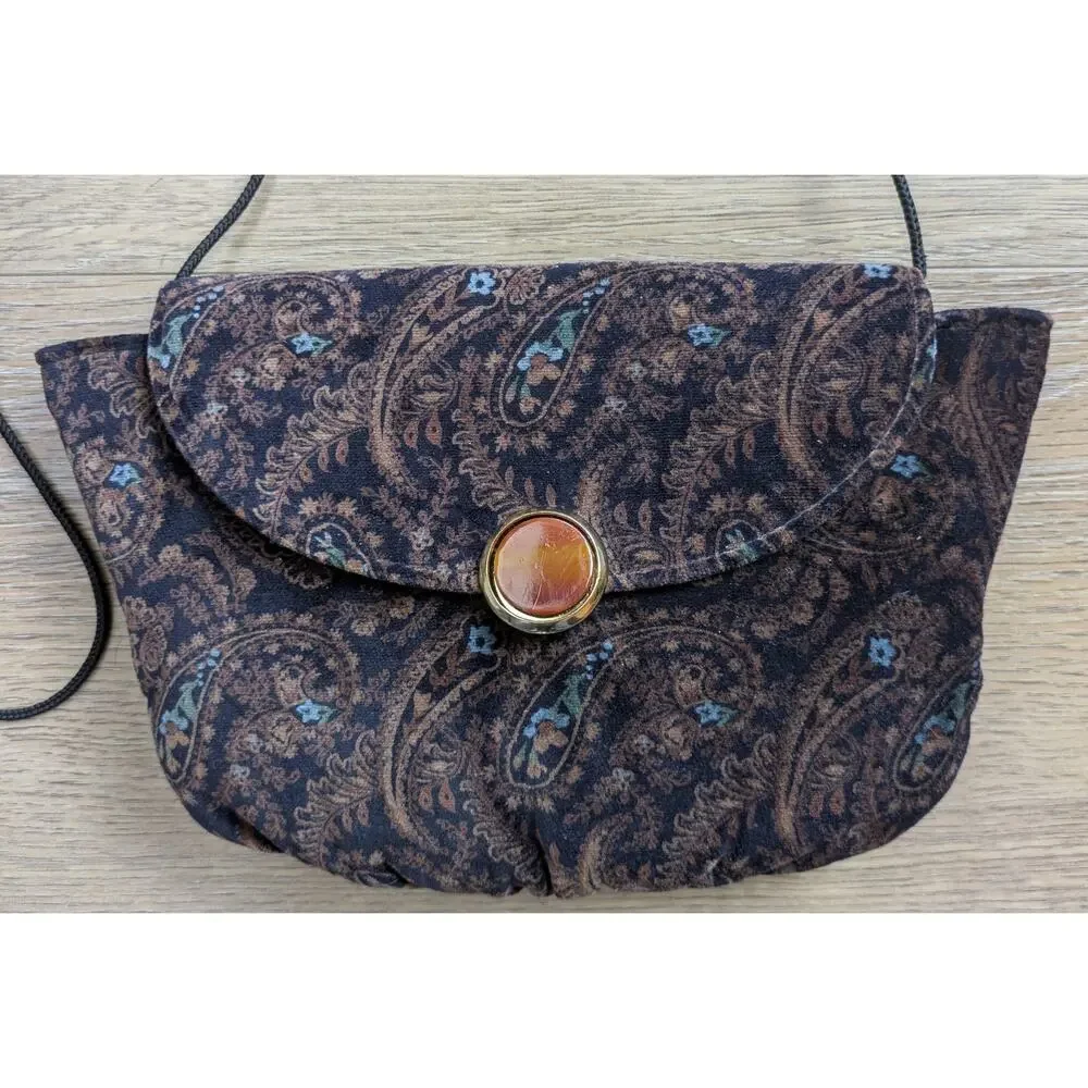 Vintage 90s HL USA Crossbody Bag Brown Paisley Velvet Corded Strap Boho Chic